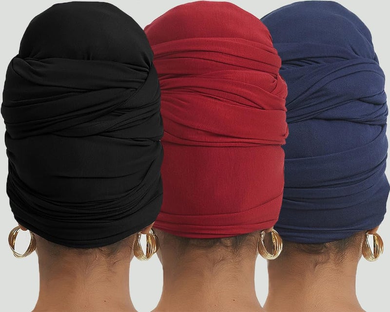 corciova Black Navy Blue Carnelian 3 Pcs Long Soft Head Wrap Turban Headband for Black Women Two Way Stretch Fashion African Head Covering Jersey Hijab Scarf - Image 4