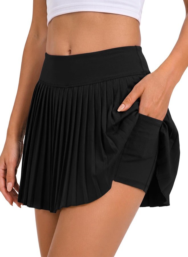 DLOODA Womens Pleated Tennis Skirts with Pocket Shorts High Waisted Skorts Lightweight Golf Skirt Flowy Athletic Skort Midnight Black - Image 2
