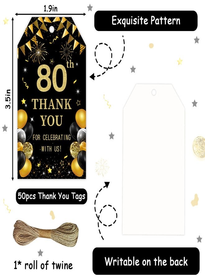 Serencatcher Black and Gold 80th Birthday Thank You Tags - 50pcs Thank You for Celebrating with Us Favor Gift Tags with String 1.9x3.5 Inches for Men Women 80th Birthday Anniversary Party Favors - Image 5