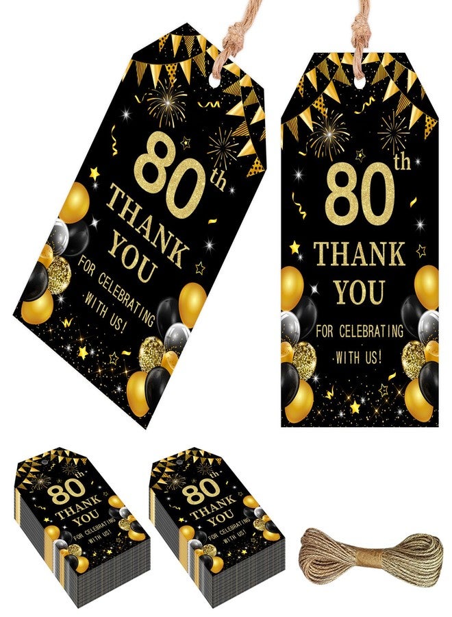 Serencatcher Black and Gold 80th Birthday Thank You Tags - 50pcs Thank You for Celebrating with Us Favor Gift Tags with String 1.9x3.5 Inches for Men Women 80th Birthday Anniversary Party Favors - Image 1