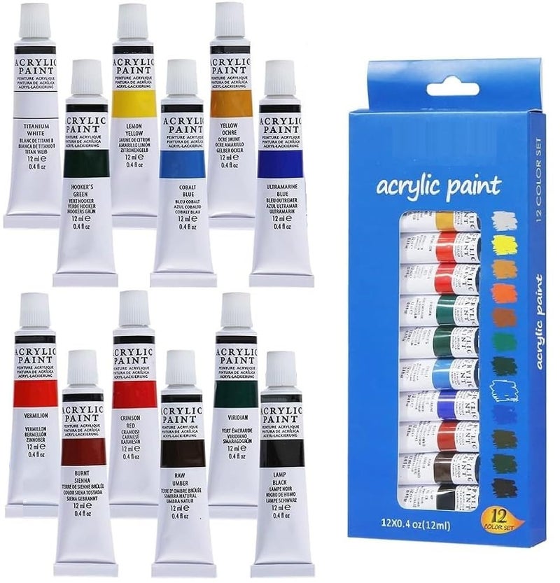 Corslet 12 Pcs Acrylic Paint Tubes Set (12ml Each) Multi Color Non-Toxic for Canvas Painting Artists Kids Adults Posters - Image 1
