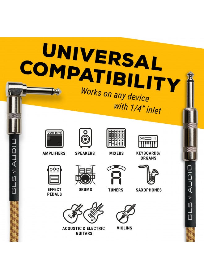 GLS Audio GLS Audio Instrument Cable - Amp Cord for Bass & Electric Guitar - Straight to Right Angle 1/4 Inch Instrument Cable - Brown/Yellow Braided Tweed, 20ft  - Image 3