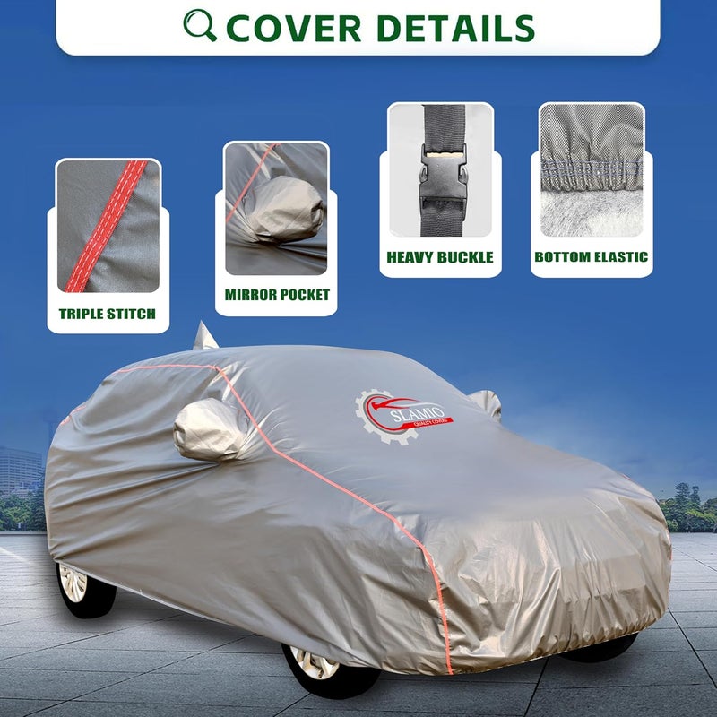 Slamio Heavy-Duty Car Body Cover for Mahindra Verito (2010-2019) | Waterproof, Dustproof, UV Protection, Custom Fit, Heavy Belt & Buckle with Mirror & Antenna Pocket | Dark Grey - Image 4