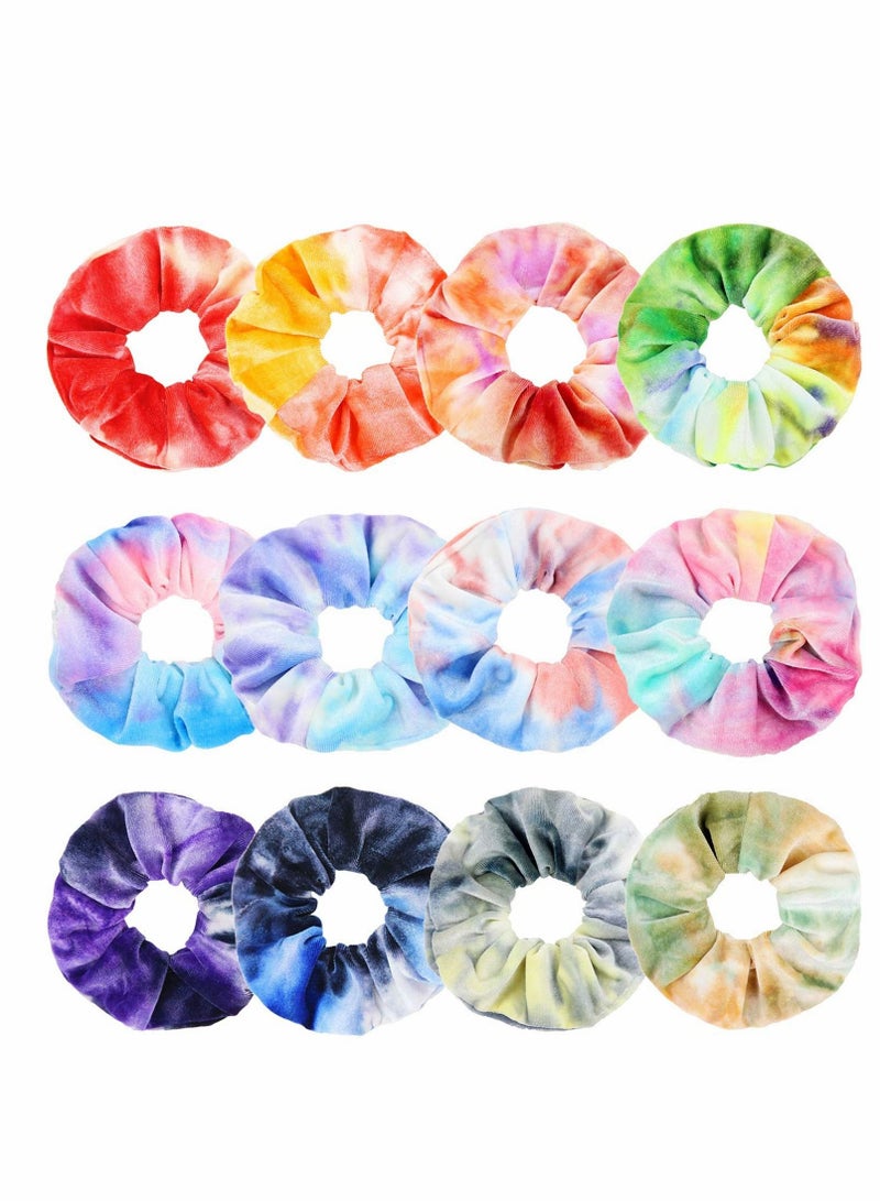 KASTWAVE ربطات شعر مخملية مصبوغة بالربط، حامل ذيل حصان قوس قزح ناعم، أربطة شعر مرنة بألوان الحلوى اللطيفة للمراهقات والنساء، هدية رائعة لأعياد الميلاد والحفلات - 12 قطعة - Image 1