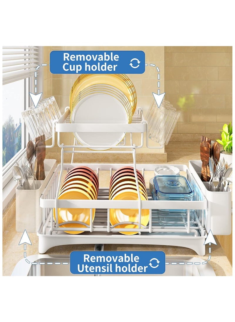 ALAMAREQ Dish Drainer Rack, Detachable 2 Tier Dish Rack and Drainboard Set, Large Capacity Dish Drainer Organizer Shelf with Utensil Holder, Cup Rack for Kitchen Counter, White  - Image 2