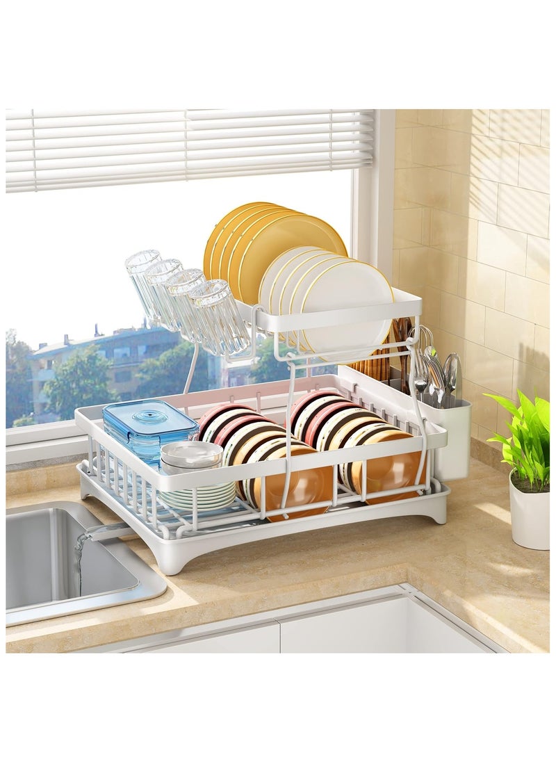 ALAMAREQ Dish Drainer Rack, Detachable 2 Tier Dish Rack and Drainboard Set, Large Capacity Dish Drainer Organizer Shelf with Utensil Holder, Cup Rack for Kitchen Counter, White  - Image 1