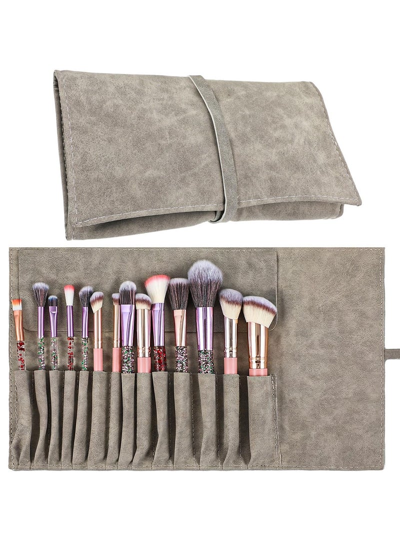 1 PCS Makeup Brush Holder Organizer, PU Leather Travel Makeup Brush Pouch Case Roll Up Cosmetic Bags for Women Cosmetic Brushes Make Up Artist - Brushes Not included (Gray) - Image 1