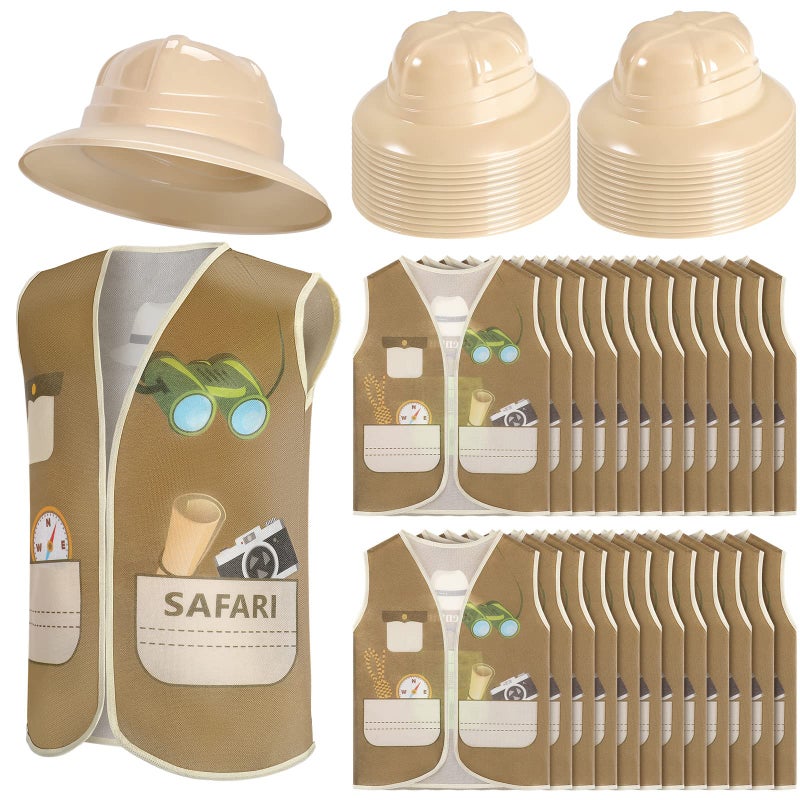Geyoga 48 Pcs Explorer Costume Kids 24 Safari Vest and 24 Safari Hats Explorer Outfit for Kids Jungle Party Favors Outdoor Activity Halloween Birthday Gifts - Image 1