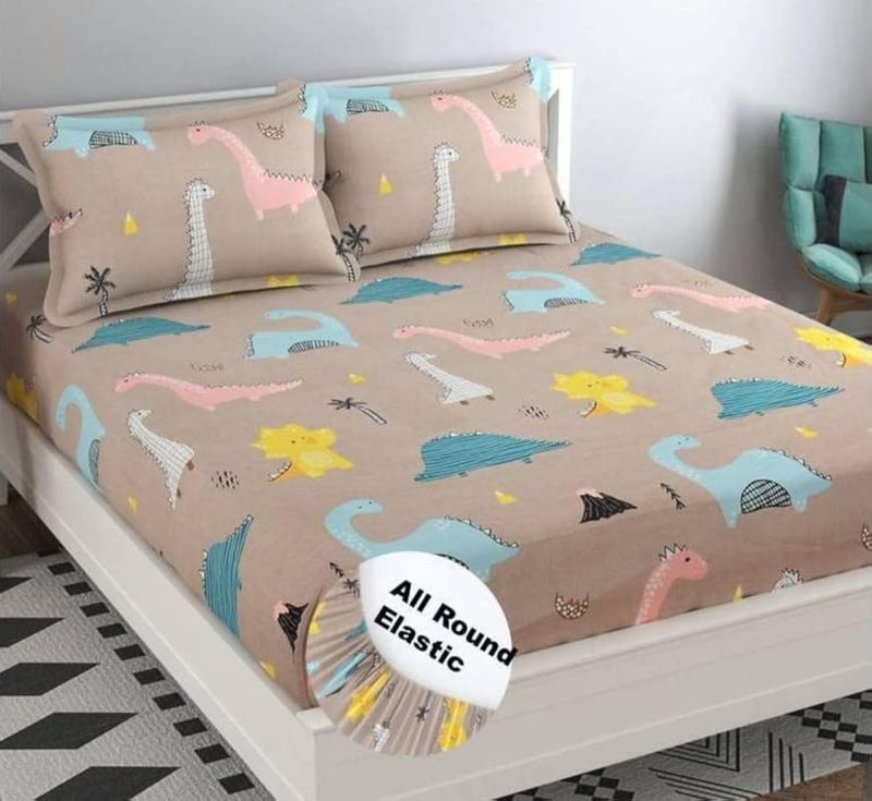 NEW LEAF Style Cotton Feel Glace Cotton Elastic Fitted Printed King Size Double Bed Bedsheet with 2 Pillow Cover (78"x72", Cute Brown Dinosaur Design) - Image 1