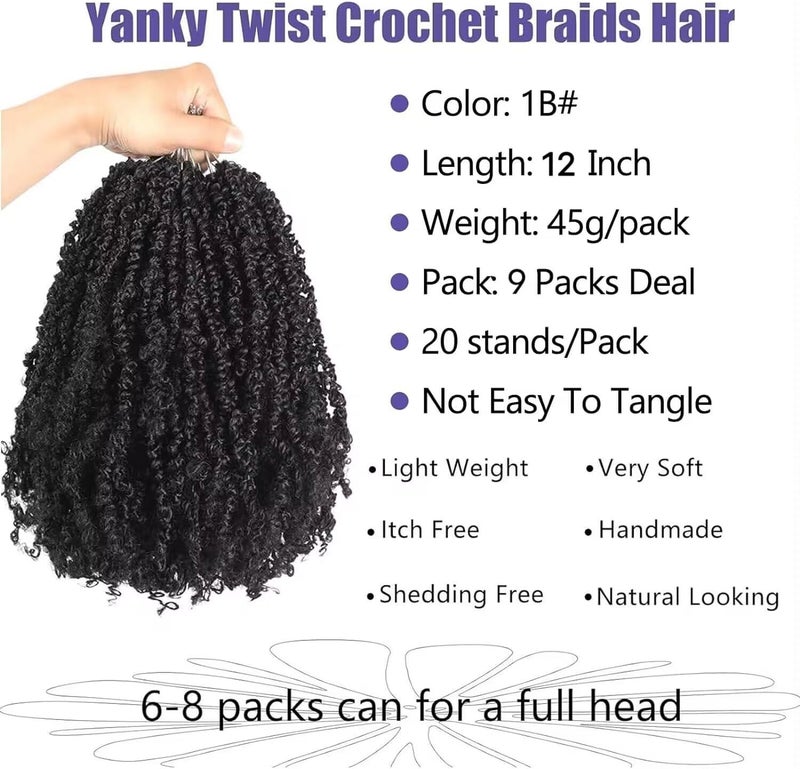datanala Yanky Twists Crochet Braiding Hair 12 Inch 9 Packs Micro Spring Twists Crochet Hair Pre-looped Curly Crochet Braids for Women (1B#, 12inch) - Image 1