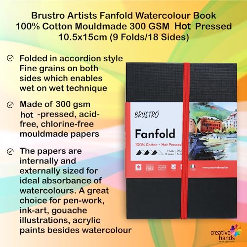 Brustro Artists Fanfold Watercolour Book 100% Cotton Mouldmade 300 GSM Hot Pressed 10.5x15cm.(9 Folds/18 Sides) - Image 2