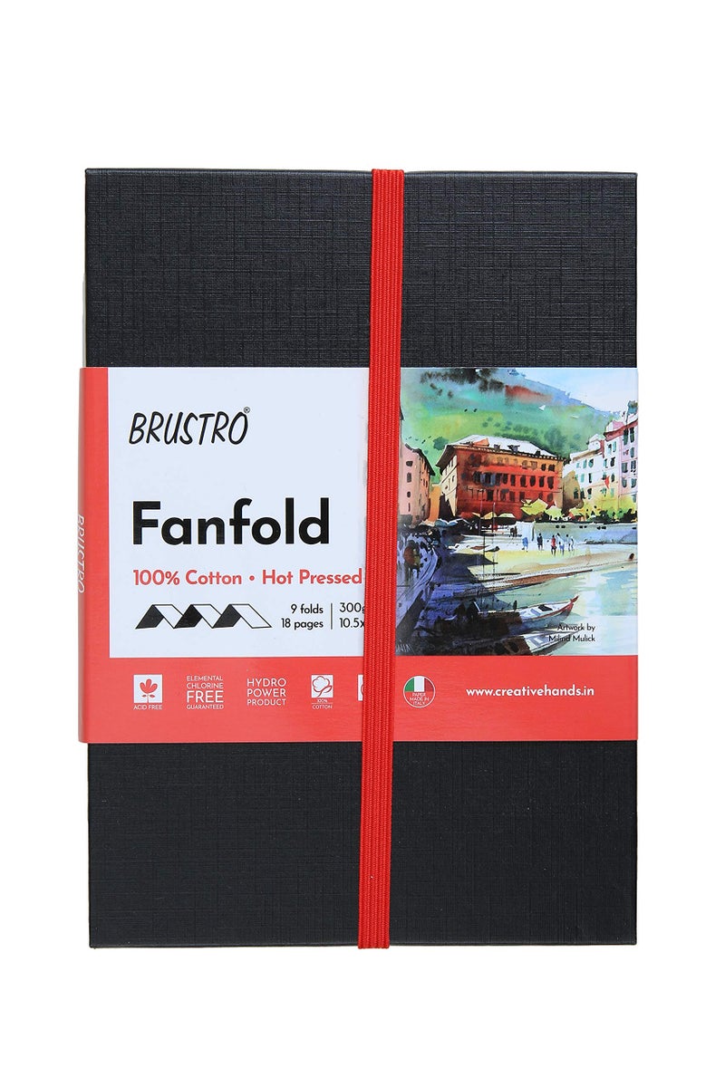 Brustro Artists Fanfold Watercolour Book 100% Cotton Mouldmade 300 GSM Hot Pressed 10.5x15cm.(9 Folds/18 Sides) - Image 1