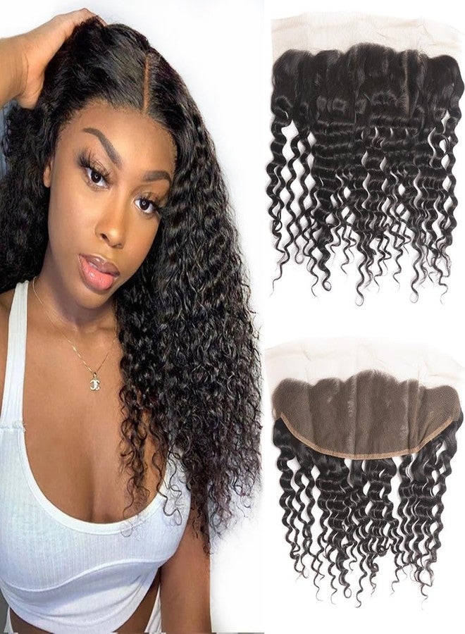 Odir 13x4 Lace Frontal Deep Wave Human Hair 180% Density Unprocessed 9A Deep Curly Virgin Hair 13x4 Ear to Ear Lace Closure Frontal with Baby Hair Natural Color 16 Inch - Image 1