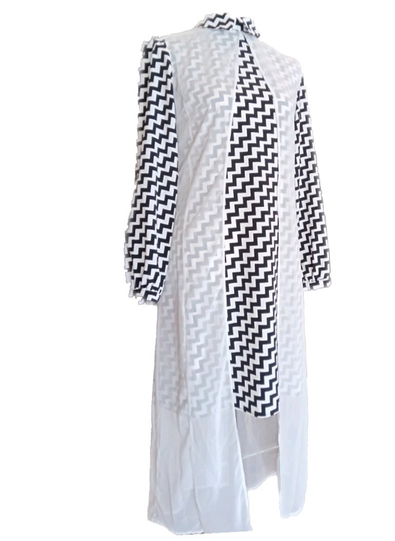 Generic - Women chiffon zigzag tunic blouse front slit black & white - Image 1