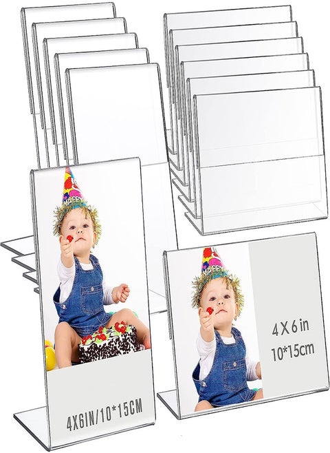 12Pcs Acrylic Photo Frames, Clear Slant Back Display Stands for Home, Office, and Restaurant, 4x6"/6x4" Desktop Picture and Menu Holders