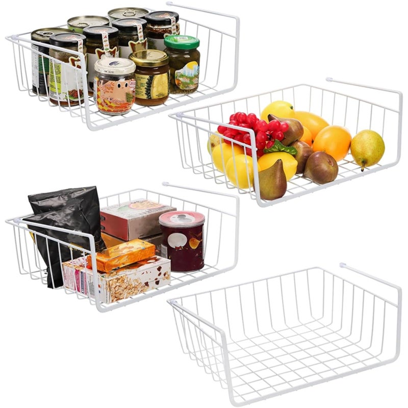 Tebery 4 Pack White Under Shelf Wire Basket Hanging Storage Baskets, Small Add-on Storage Racks Slide-in Cabinet Baskets Organizer for Kitchen Pantry Desk Bookshelf - Image 1