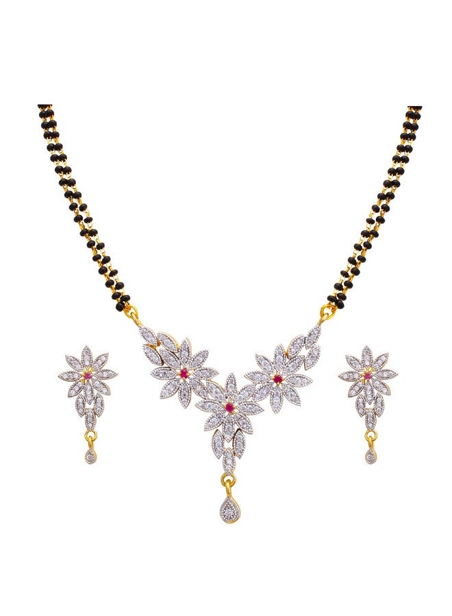 Fashion Frill Designer Mangalsutra For Women 3 Multi Flower Design American Diamond Studded Alloy Mangalsutra For Women Traditional Mangalsutra Set For Womens - Image 1