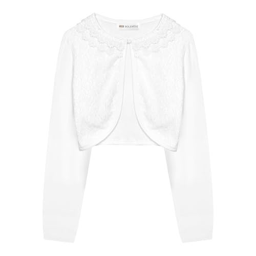 BOLEROSE Girls Long Sleeve Floral Lace Bolero Cardigan Kids Shrug Cover Up (White, 3-4 YRS) - Image 1