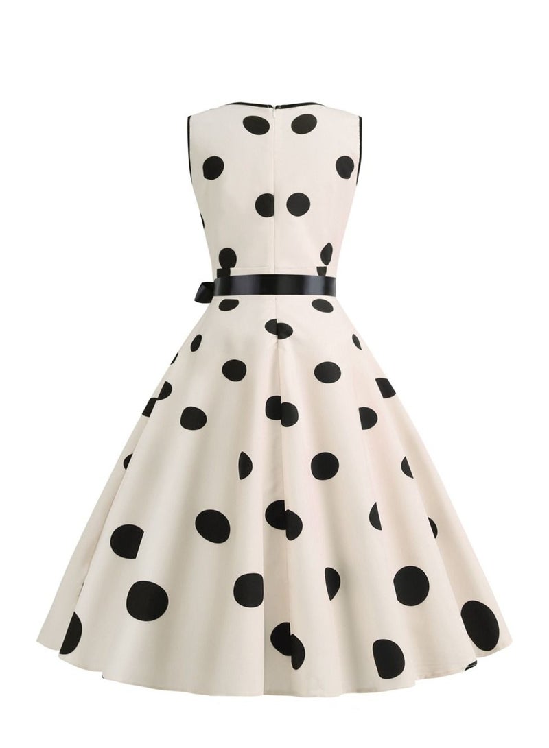 Loquat V-neck Sleeveless Polka Dot Lace Up Waist Retro Large Swing Dress Apricot  - Image 3