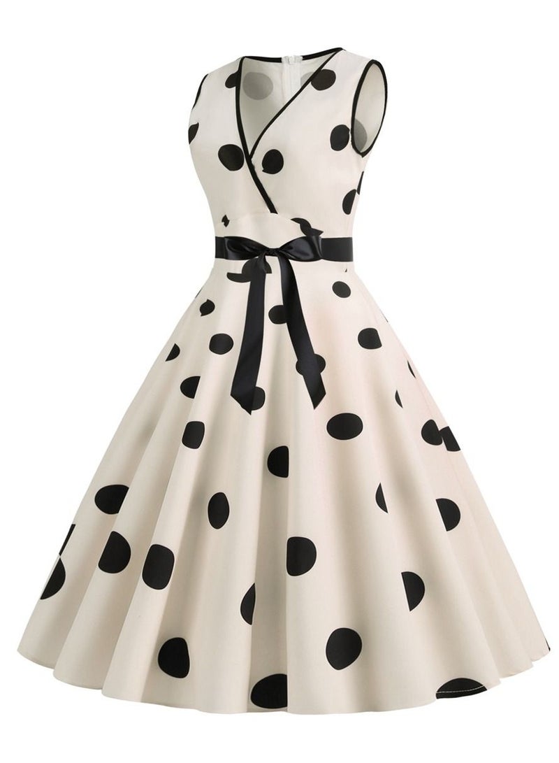 Loquat V-neck Sleeveless Polka Dot Lace Up Waist Retro Large Swing Dress Apricot  - Image 2