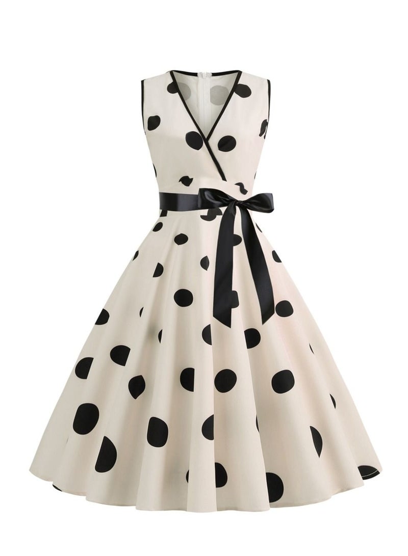 Loquat V-neck Sleeveless Polka Dot Lace Up Waist Retro Large Swing Dress Apricot  - Image 1