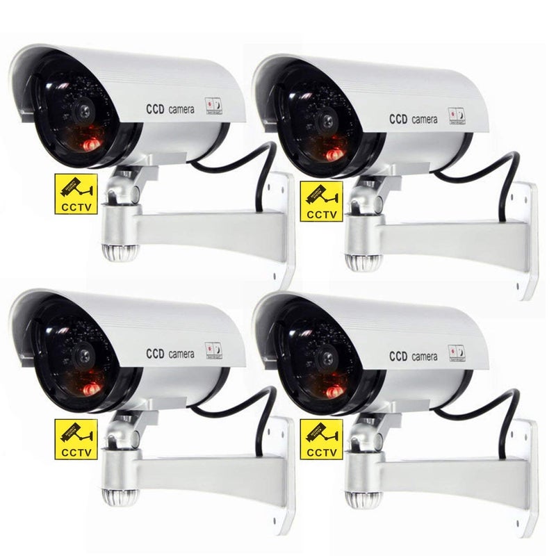 BSITFOW (Pack of 4 Fake Dummy Security CCTV Dome Camera with Realistic Look Recording Flashing Red LED Light Indoor and Outdoor Use, for Homes & Business (Silver Color)(4)[Dummy] - Image 1