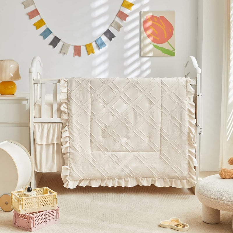 Uozzi Bedding Mini Crib Bedding Set 3 Pieces Baby Boho Quilted Tufted Ruffles Comforter with Fitted Sheet and Ruffled Bed Skirt - Cute Shabby Baby Bedding Fits Mini Crib Only Cream White - Image 3