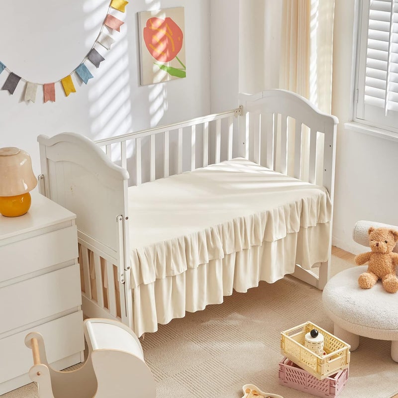 Uozzi Bedding Mini Crib Bedding Set 3 Pieces Baby Boho Quilted Tufted Ruffles Comforter with Fitted Sheet and Ruffled Bed Skirt - Cute Shabby Baby Bedding Fits Mini Crib Only Cream White - Image 5
