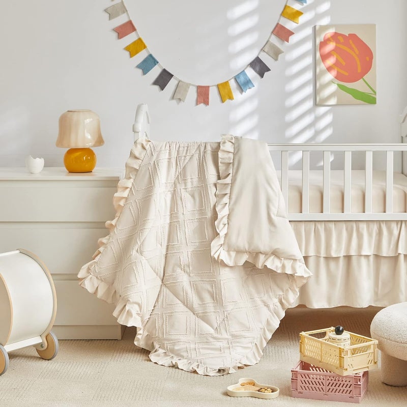 Uozzi Bedding Mini Crib Bedding Set 3 Pieces Baby Boho Quilted Tufted Ruffles Comforter with Fitted Sheet and Ruffled Bed Skirt - Cute Shabby Baby Bedding Fits Mini Crib Only Cream White - Image 2