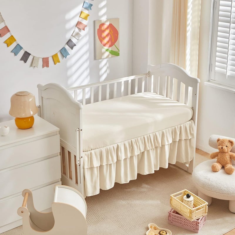 Uozzi Bedding Mini Crib Bedding Set 3 Pieces Baby Boho Quilted Tufted Ruffles Comforter with Fitted Sheet and Ruffled Bed Skirt - Cute Shabby Baby Bedding Fits Mini Crib Only Cream White - Image 4