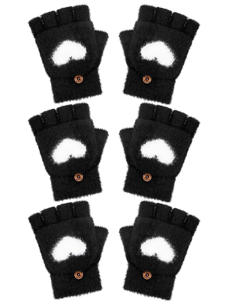 Geyoga 3 Pair Heart Fingerless Gloves Convertible Flip Top Gloves Winter Half Finger Mitten for Boy Girl 5-10 Year(Black, 5-10 Years) - Image 1