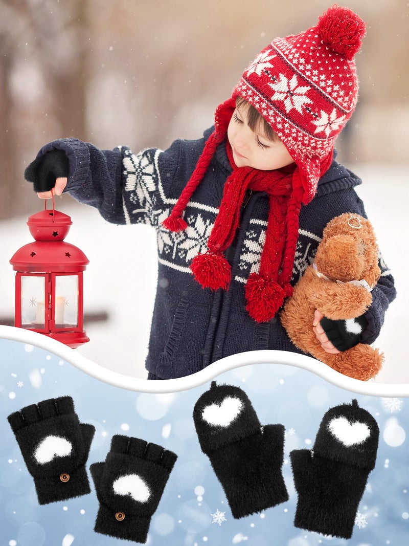 Geyoga 3 Pair Heart Fingerless Gloves Convertible Flip Top Gloves Winter Half Finger Mitten for Boy Girl 5-10 Year(Black, 5-10 Years) - Image 2
