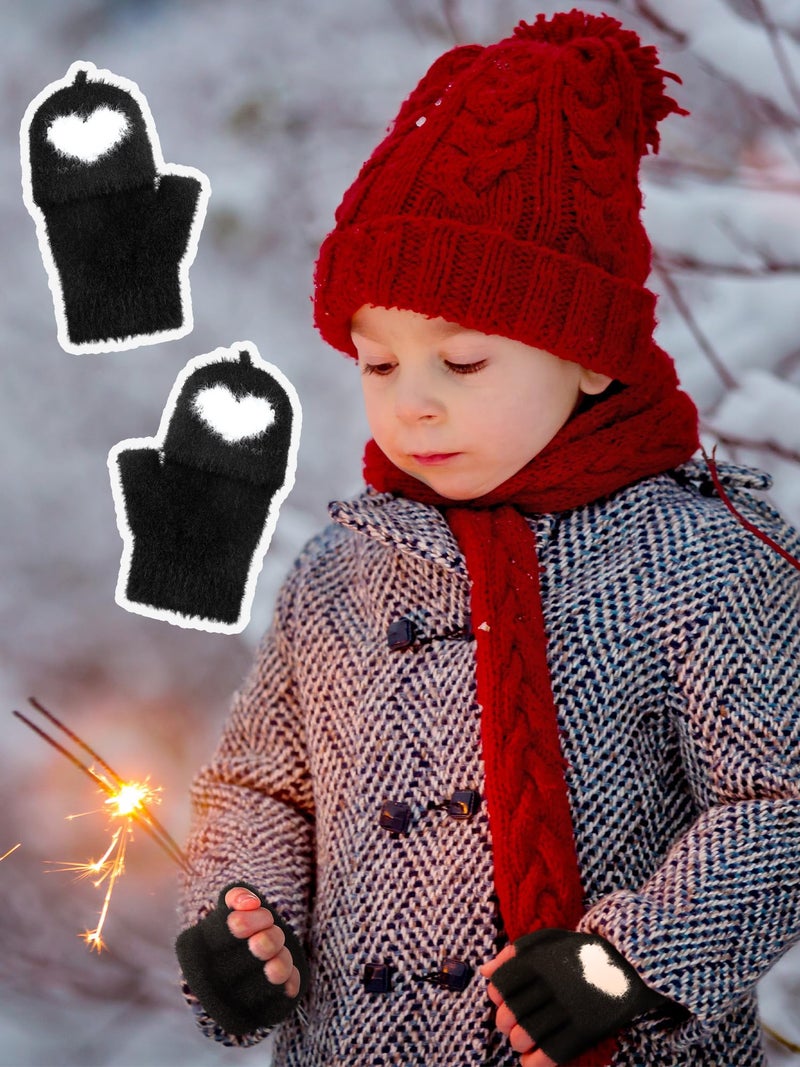 Geyoga 3 Pair Heart Fingerless Gloves Convertible Flip Top Gloves Winter Half Finger Mitten for Boy Girl 5-10 Year(Black, 5-10 Years) - Image 4