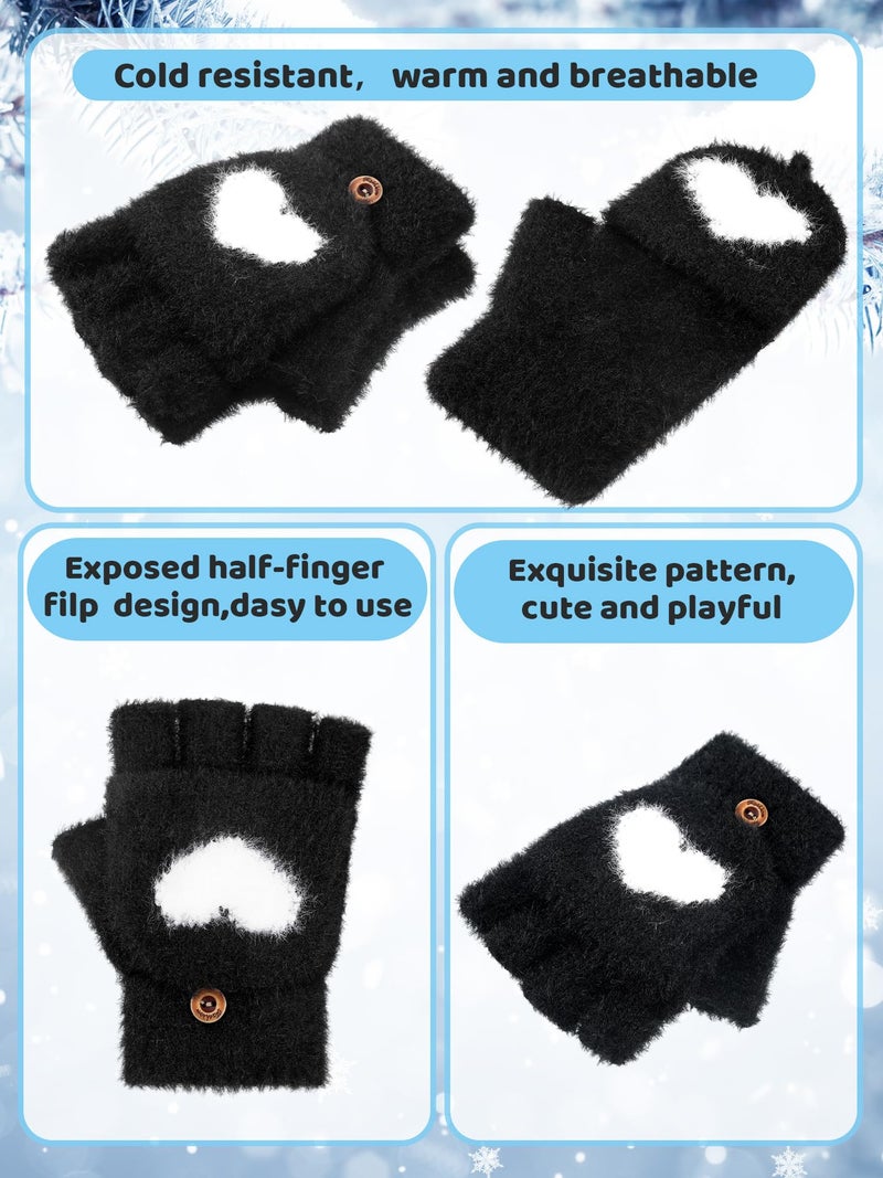 Geyoga 3 Pair Heart Fingerless Gloves Convertible Flip Top Gloves Winter Half Finger Mitten for Boy Girl 5-10 Year(Black, 5-10 Years) - Image 5