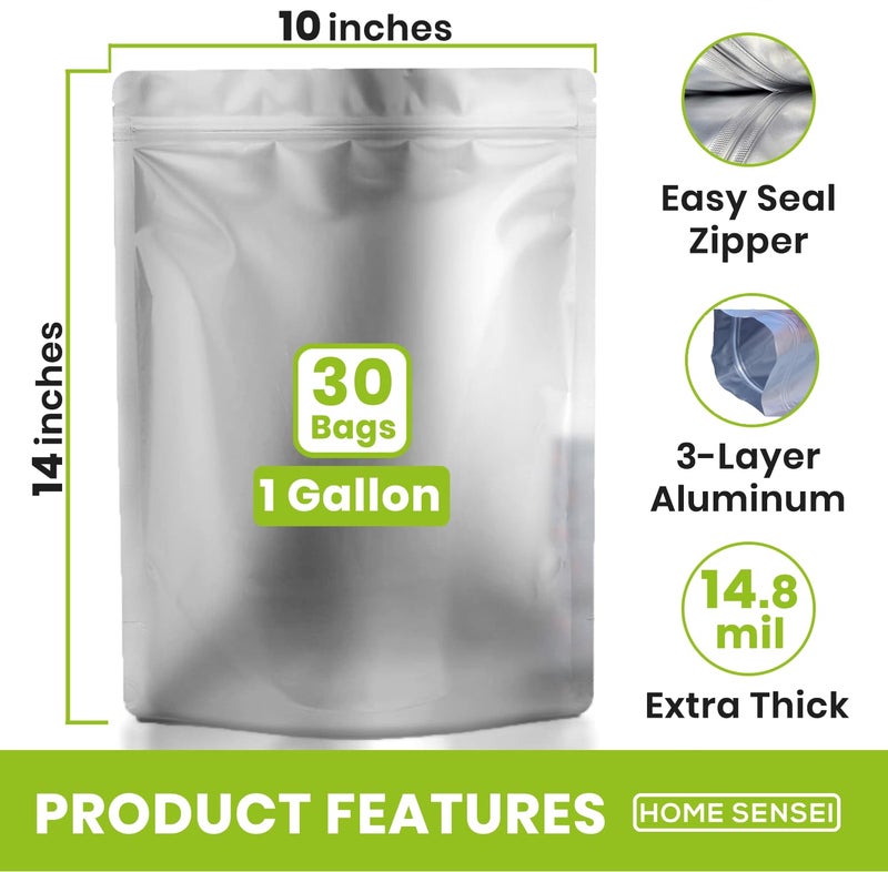 Home Sensei 30 Mylar Bags for Food Storage 1 Gallon - Extra Thick 15 Mil - Long Term & Food Grade - Mylar Bags with Oxygen Absorbers 400cc- Zipper  Resealable  Stand-up Gousset - Bolsas Mylar con Abosrbentes - Image 2