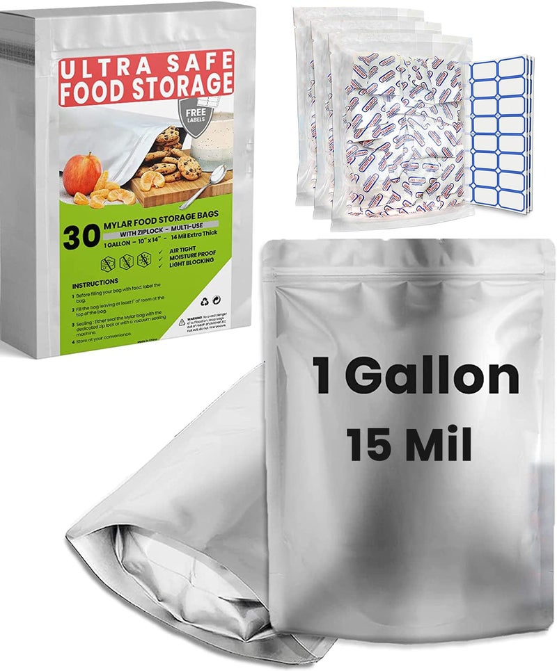 Home Sensei 30 Mylar Bags for Food Storage 1 Gallon - Extra Thick 15 Mil - Long Term & Food Grade - Mylar Bags with Oxygen Absorbers 400cc- Zipper  Resealable  Stand-up Gousset - Bolsas Mylar con Abosrbentes - Image 1