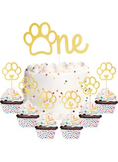 Chinco 37 Pieces Gold Paw One Cake Topper Dog Birthday Party Supplies One Glitter 1St Birthday Cake Topper Puppy Dog Cupcake Toppers Set Of 36Pcs Pet Puppy Dog Birthday Party Decorations  - Image 1