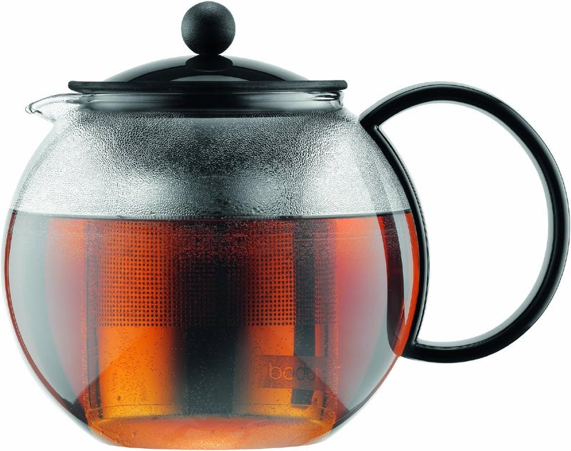 bodum إبريق شاي زجاجي سعة 34 أونصة من آسام مع فلتر من الفولاذ المقاوم للصدأ، غطاء بلاستيكي أسود - Image 1