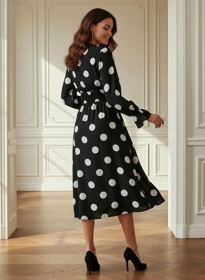 Splash FAV Polka Dot Print Midi Dress with Long Sleeves and Cinched Waist Detail - Image 3