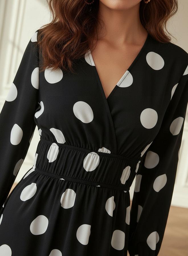Splash FAV Polka Dot Print Midi Dress with Long Sleeves and Cinched Waist Detail - Image 4