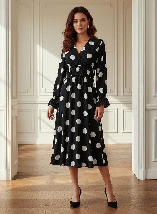Splash FAV Polka Dot Print Midi Dress with Long Sleeves and Cinched Waist Detail - Image 1