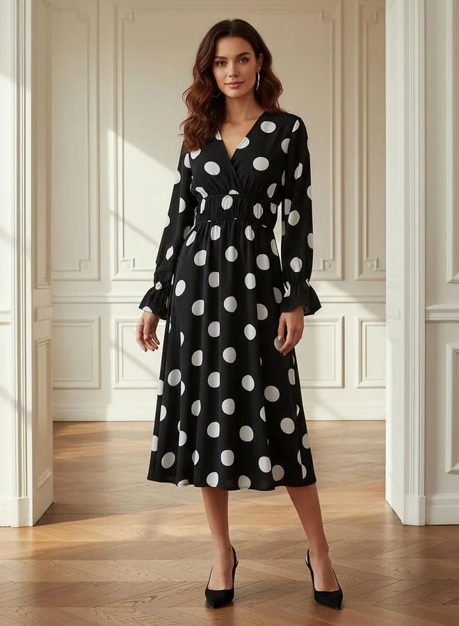 Splash FAV Polka Dot Print Midi Dress with Long Sleeves and Cinched Waist Detail