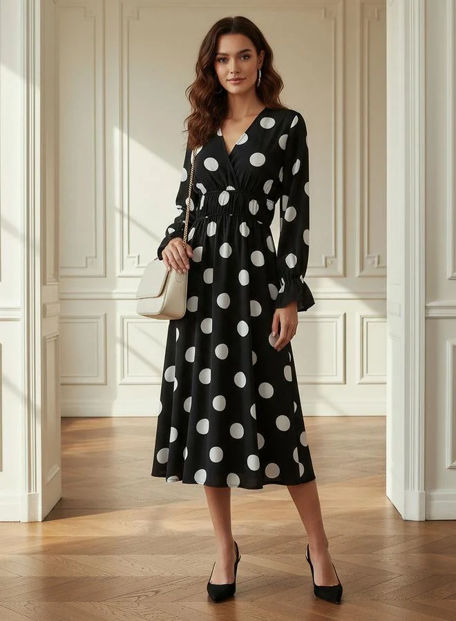 Splash FAV Polka Dot Print Midi Dress with Long Sleeves and Cinched Waist Detail