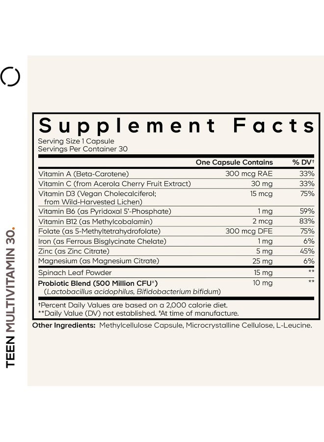 Codeage Teen Multivitamin - Vitamins A, C, D3, B6, B12, Folate, Zinc, Magnesium, Iron, Probiotics, Fermented Spinach - Multivitamins For Teenage Boys And Girls - Non-Gmo, Gluten-Free - 30 Capsules - Image 2