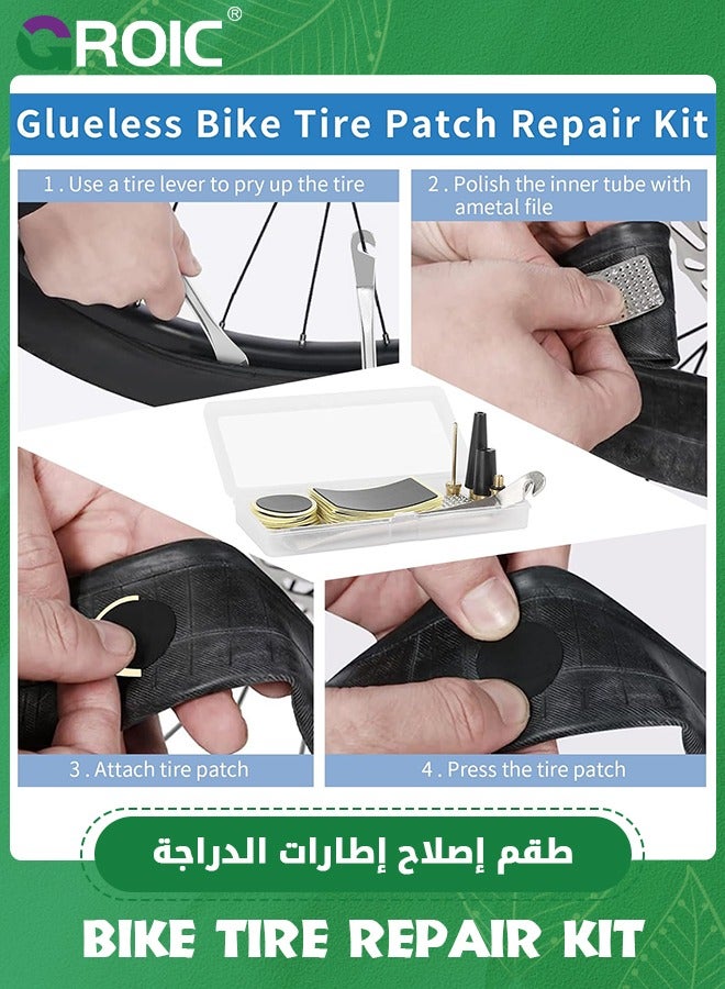 34 Pieces Bicycle Tire Repair Kit Includes Bike Tube Patches Self Adhesive Bicycle Tire Patches, Metal Rasps, Bicycle Tire Lever Bike Tyre Spoon Iron Changing Tool, Valve Set for Road Mountain Bikes