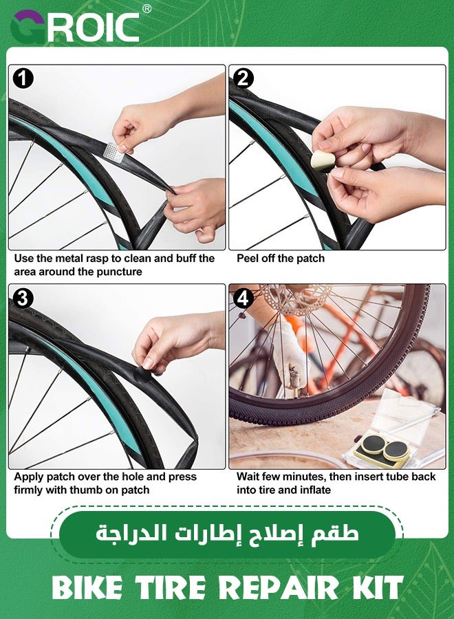 34 Pieces Bicycle Tire Repair Kit Includes Bike Tube Patches Self Adhesive Bicycle Tire Patches, Metal Rasps, Bicycle Tire Lever Bike Tyre Spoon Iron Changing Tool, Valve Set for Road Mountain Bikes