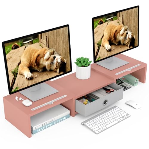 WESTREE Dual 3 Shelf Computer Riser with Drawer, Adjustable Length and Angle, Desktop 2 Monitor Stand Storage Organizer - Image 1