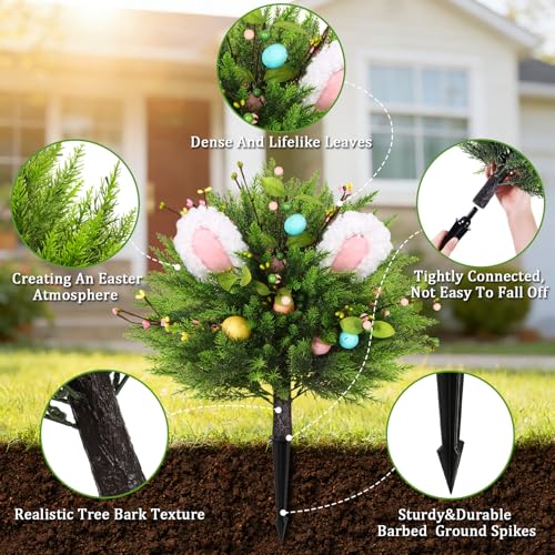 WLLEYAY Artificial Cypress Topiary Cedar Trees with Bunny, Set of 2 Artificial Shrub Bushes with Ground Spike, UV Resistant Faux Evergreen Tree Plants for Indoor Outdoor Planters Front Porch Offices - Image 5
