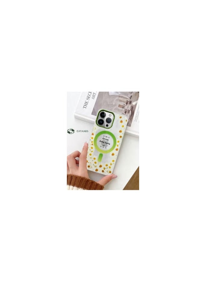 CATANES - Case for Apple iPhone 13 PRO MAX Romantique Floral Design Fashion Flower Compatible with MagSafe & Wireless Charging Cover GREEN - Image 1