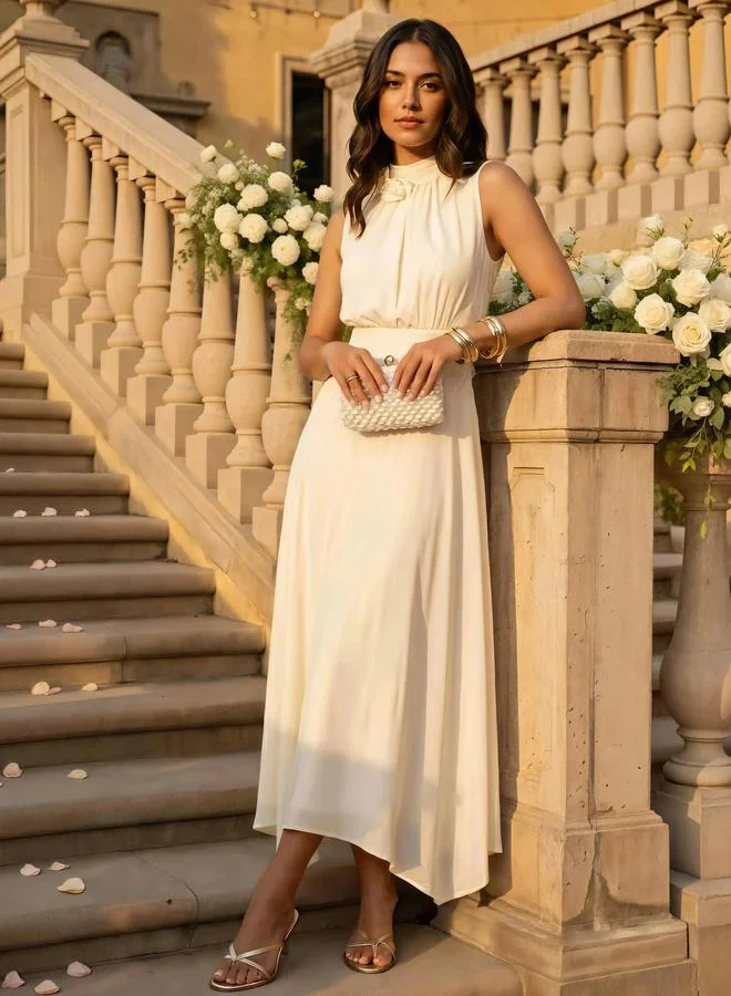 Styli ivory Off-White Corsage Detail Maxi Evening Dress for Women | Best Price UAE